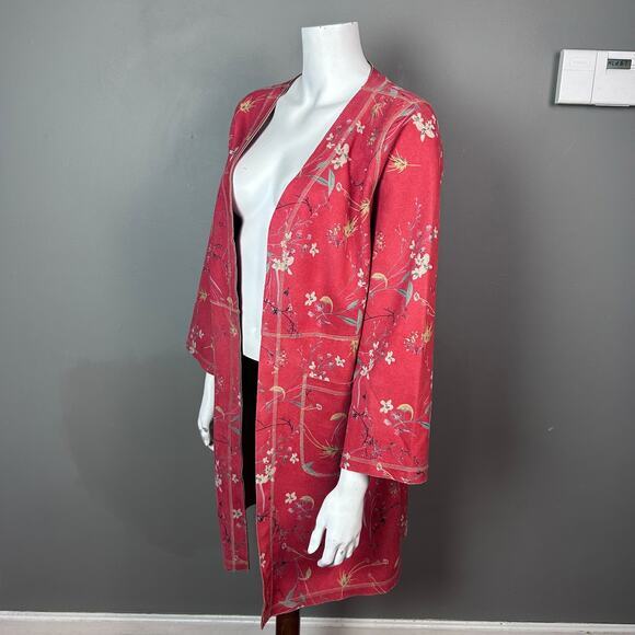 Solitaire‎ jacket Medium Red Floral Kimono Asian inspired open cascade - Picture 1 of 8